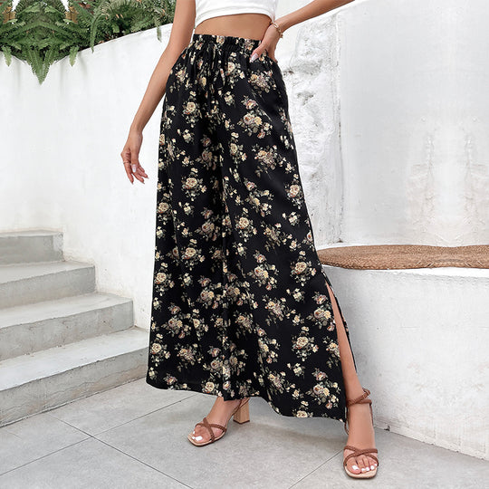 Damen Palazzo-Hose mit floralem Muster und hohen Schlitzen R&B