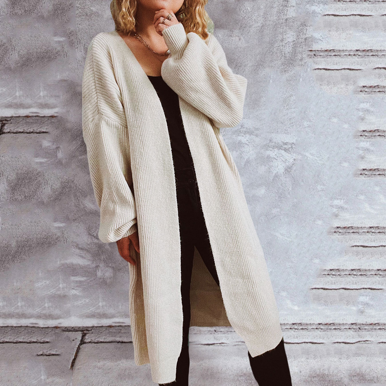 Damen lässiger Strickcardigan mit lässigen Oversize-Ärmeln und offenem Schnitt R&B