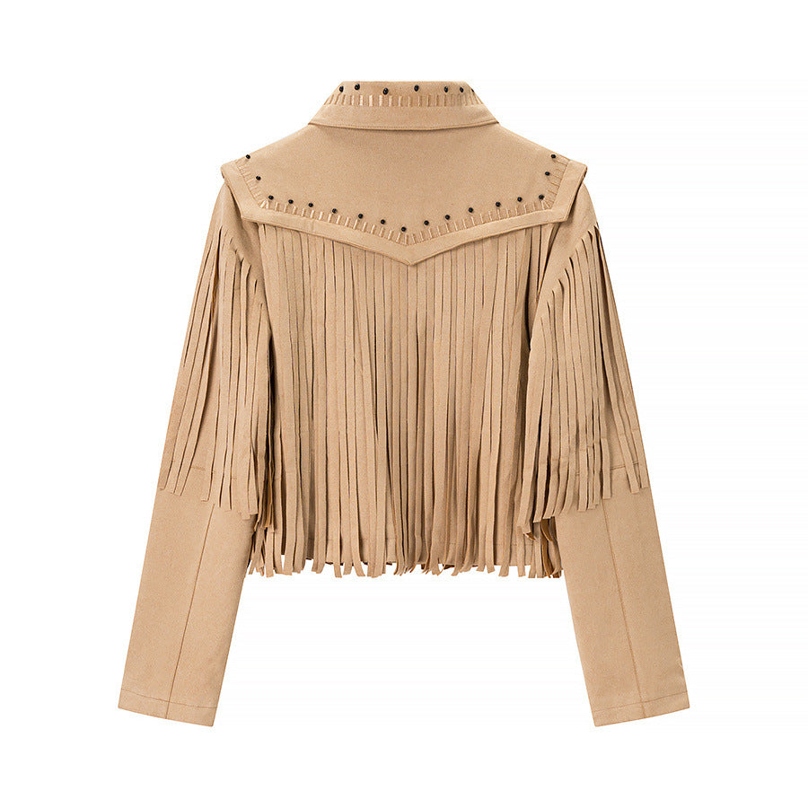 Damen modische Fransenjacke mit dekorativen Nieten R&B