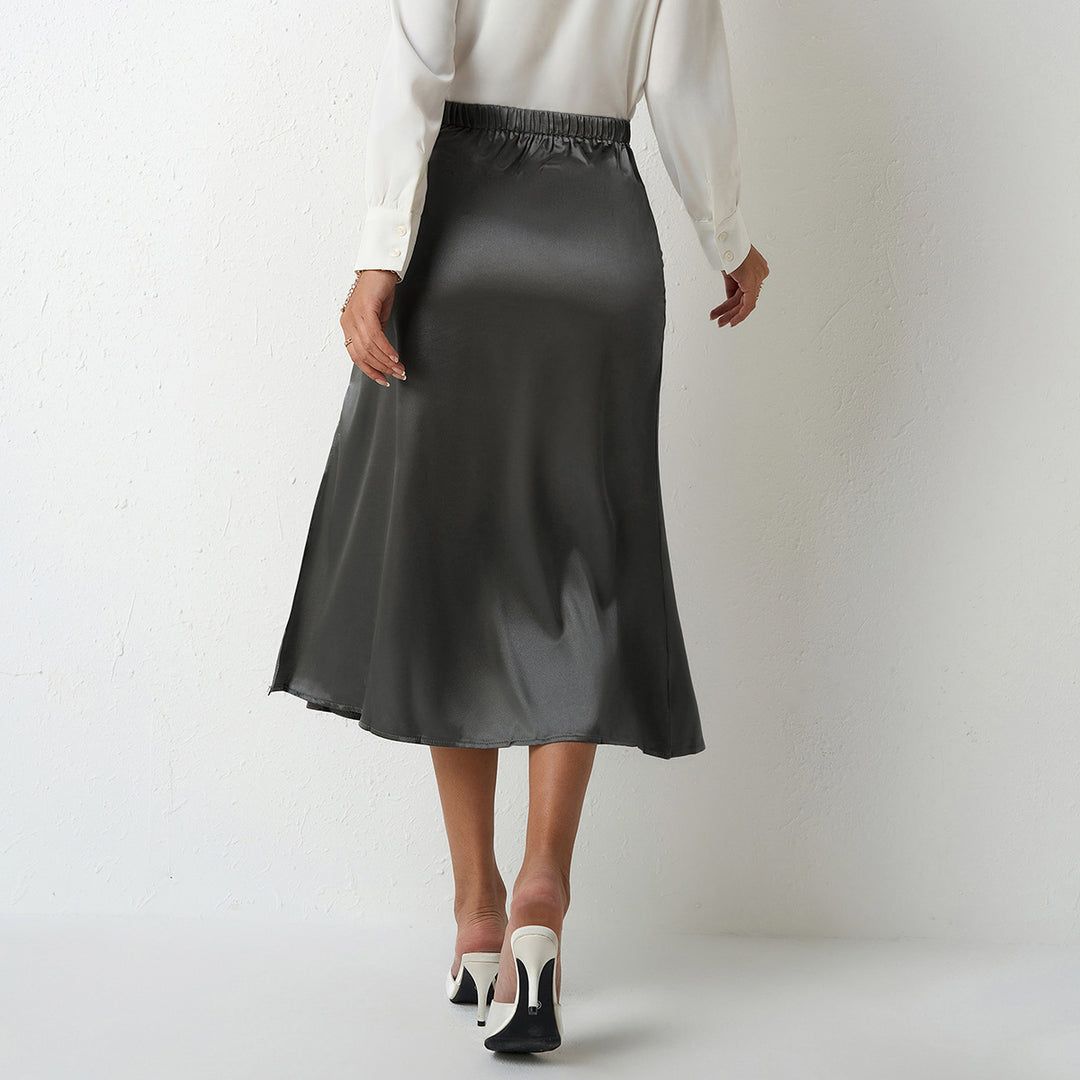 Damen eleganter Satin-Midirock mit fließendem Schnitt und hohem Bund R&B