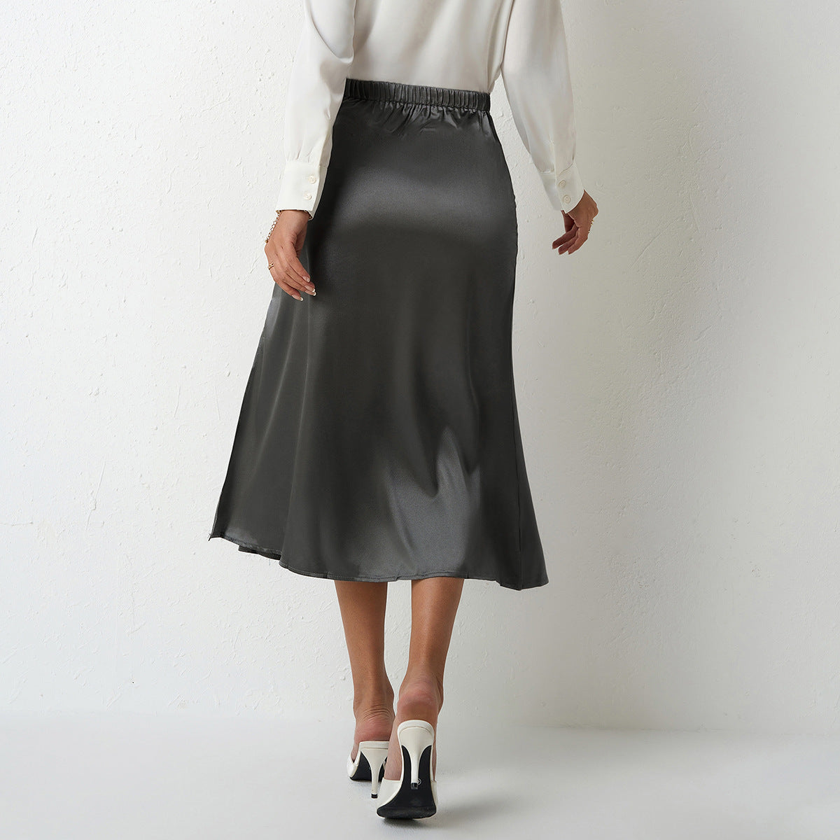 Damen eleganter Satin-Midirock mit fließendem Schnitt und hohem Bund R&B