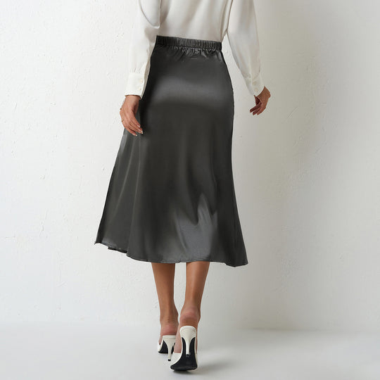 Damen eleganter Satin-Midirock mit fließendem Schnitt und hohem Bund R&B