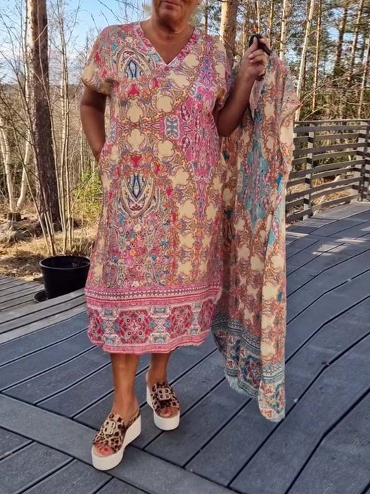 Damen Kaftan-Kleid mit koordiniertem Schal und seitlichen Taschen Heidi-Mode