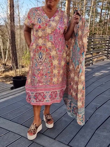 Damen Kaftan-Kleid mit koordiniertem Schal und seitlichen Taschen Heidi-Mode