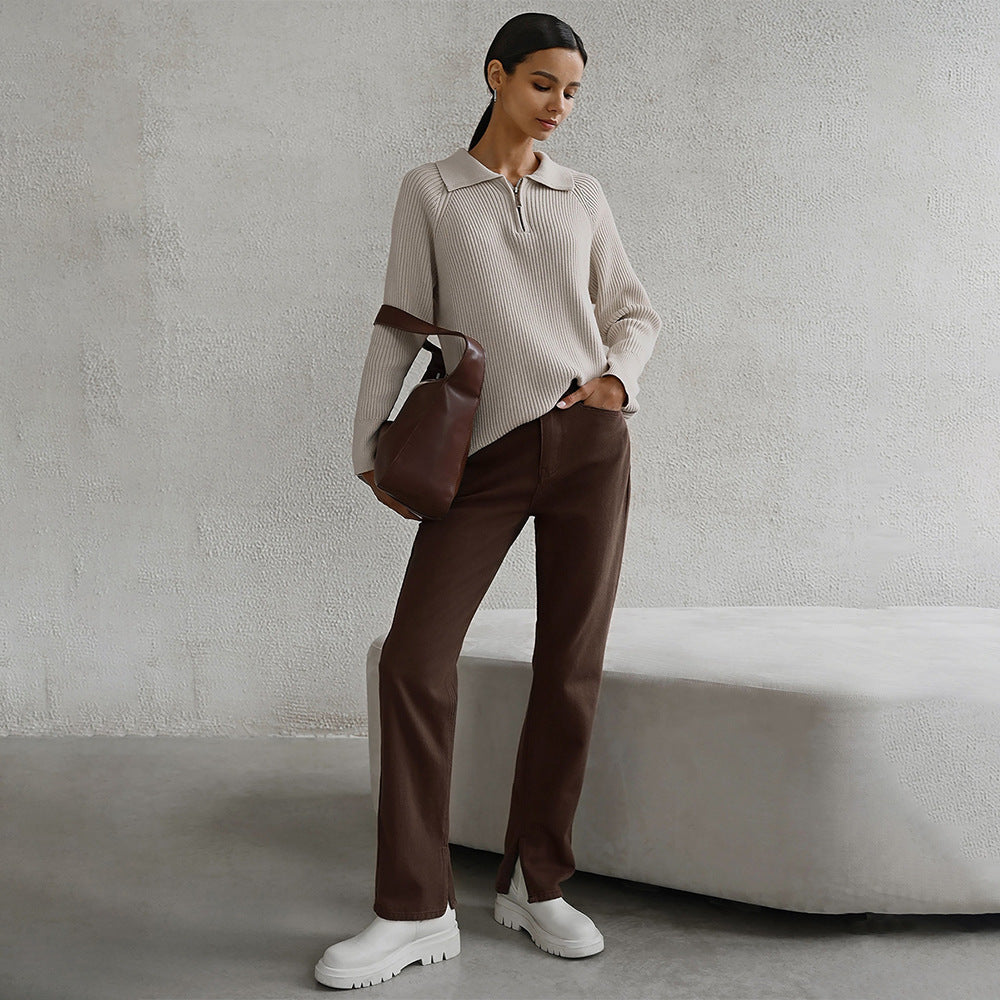 Damen Gemütlicher Feinstrickpullover mit Kängurutasche und Kragen R&B