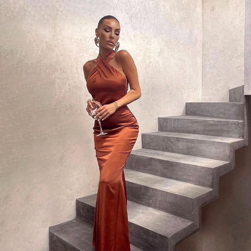 Damen glamouröses Maxikleid mit tiefem Rückenausschnitt und fließendem Schnitt R&B