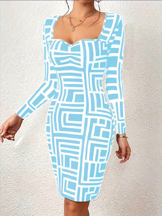 Damen Figurbetontes Langarmkleid mit geometrischem Muster und kreativem Ausschnitt R&B