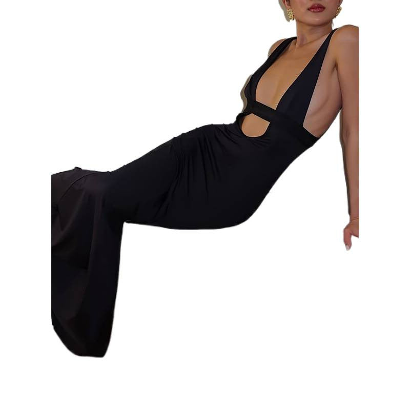 Damen figurbetontes Maxikleid mit tiefem V-Ausschnitt und elegantem Schlitz R&B