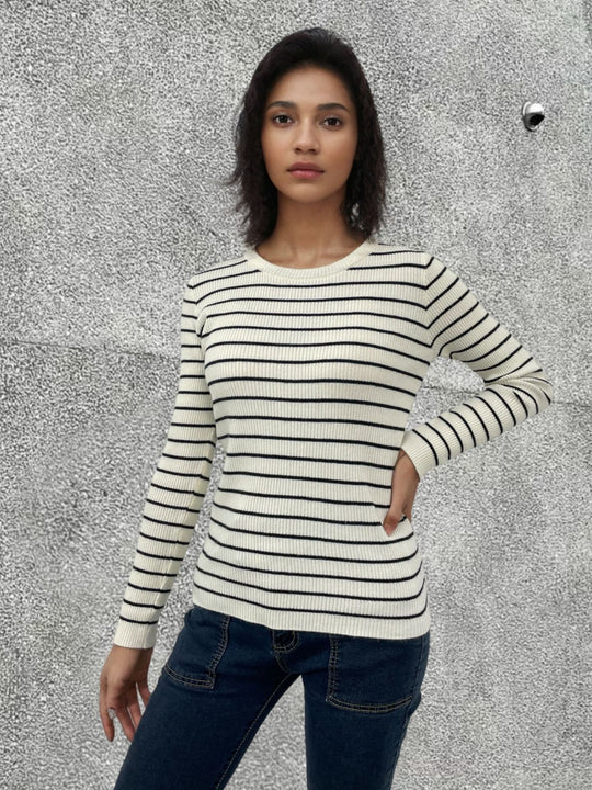 Damen Langärmliger Pullover mit modernem Streifenmuster und bequemem Schnitt R&B