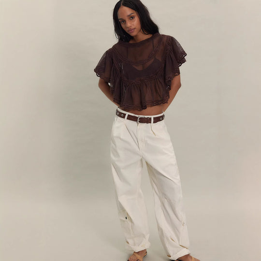 Damen Elegante Häkelbluse mit voluminösen Rüschendetails und transparentem Stoff R&B
