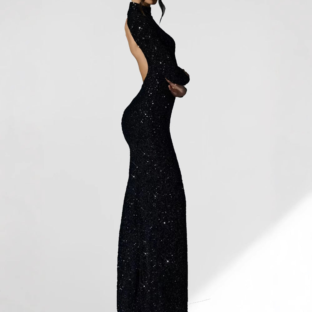 Damen Elegantes Glitzer-Maxikleid mit hohem Schlitz und langen Ärmeln R&B