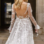 Damen Elegantes Hochzeitskleid mit floralen Spitzenapplikationen und tiefem V-Ausschnitt R&B