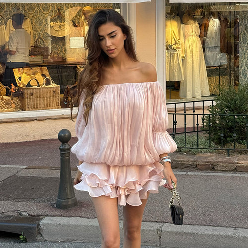 Damen luftiges Off-Shoulder Kleid mit Rüschenschnitt R&B