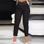 Damen stylische High-Waist Hosen mit transparentem Gitterbund R&B