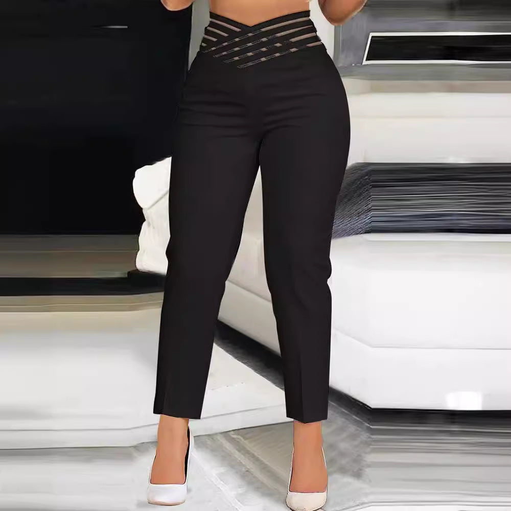 Damen stylische High-Waist Hosen mit transparentem Gitterbund R&B