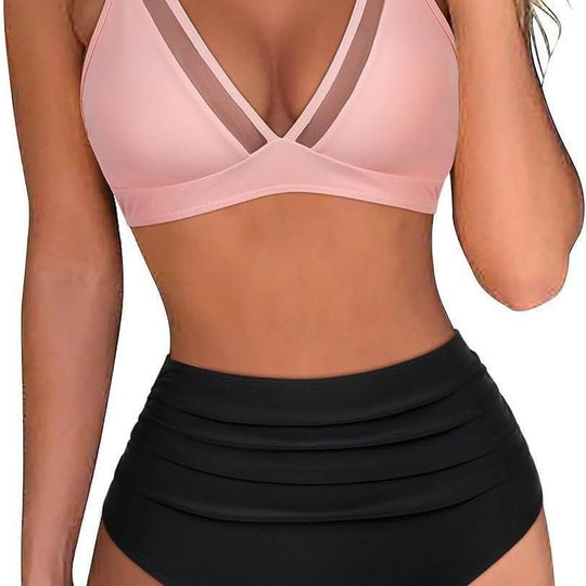 Damen Hoch tailliertes Bikini-Set mit Leopardenmuster und transparenten Einsätzen R&B