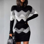 Damen nan Longsleeve-Strickkleid mit Chevron-Muster, geradem Saum und körperumspielender Passform R&B