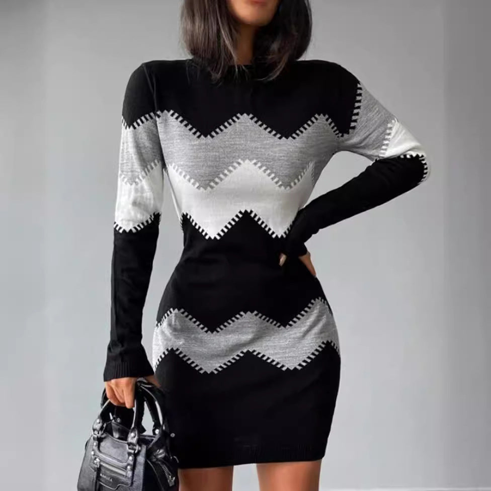 Damen nan Longsleeve-Strickkleid mit Chevron-Muster, geradem Saum und körperumspielender Passform R&B