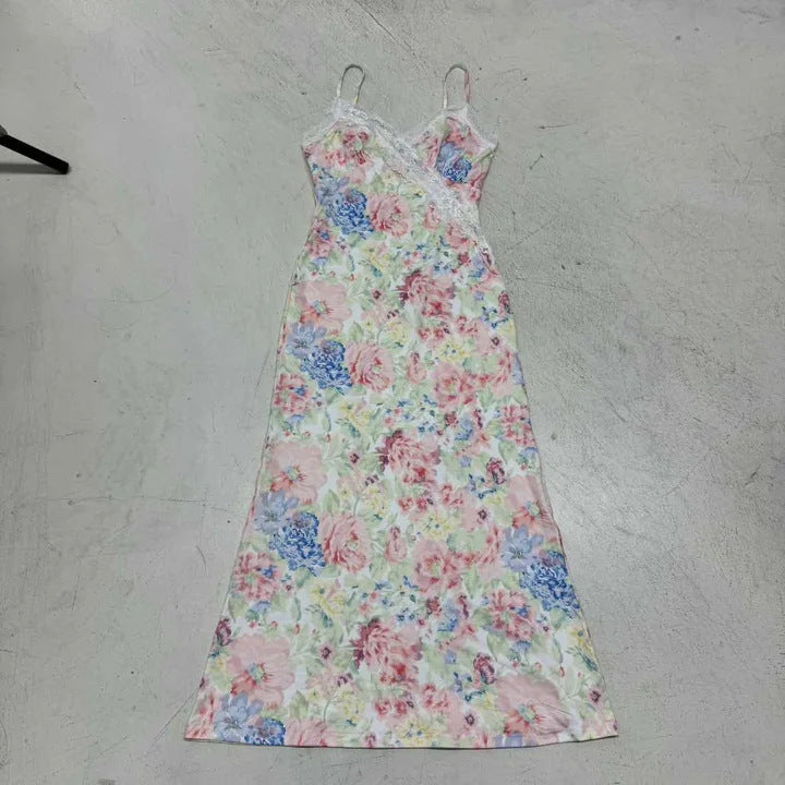 Damen Maxikleid mit romantischem Blumenmuster und zarter Spitze R&B