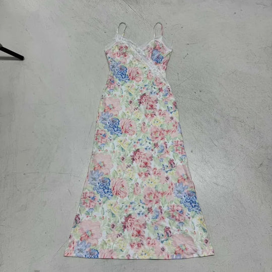 Damen Maxikleid mit romantischem Blumenmuster und zarter Spitze R&B