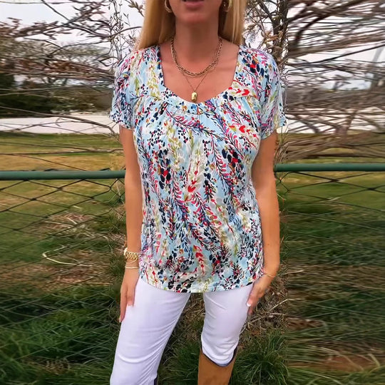 Damen nan leichtes florales Rundhals-Printshirt mit Brustfalten und legerer Hüftlänge R&B