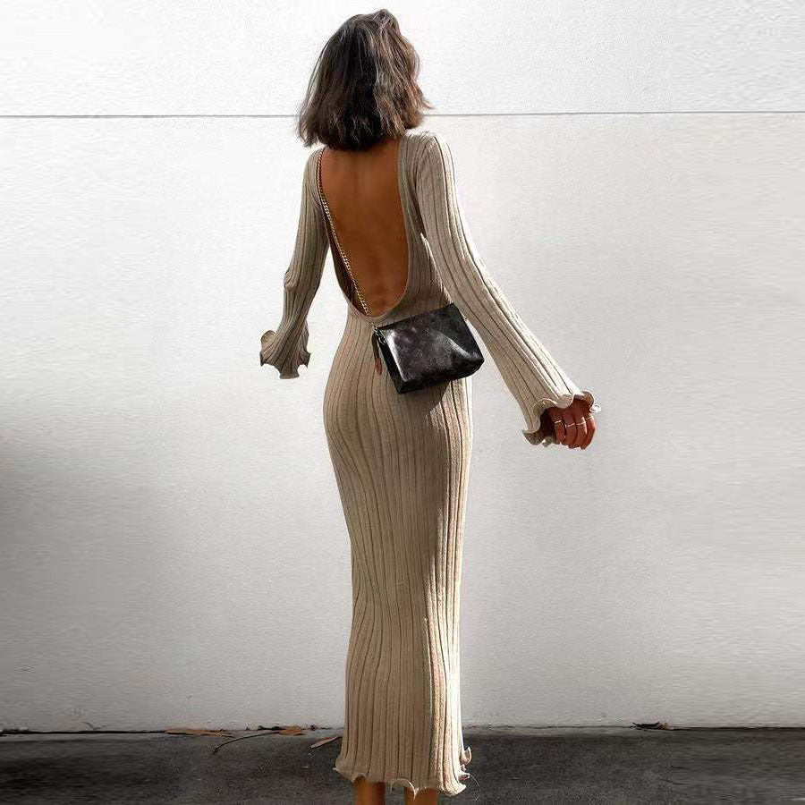 Damen Figurbetontes Maxikleid mit tiefem Rückenausschnitt und Rippstruktur R&B