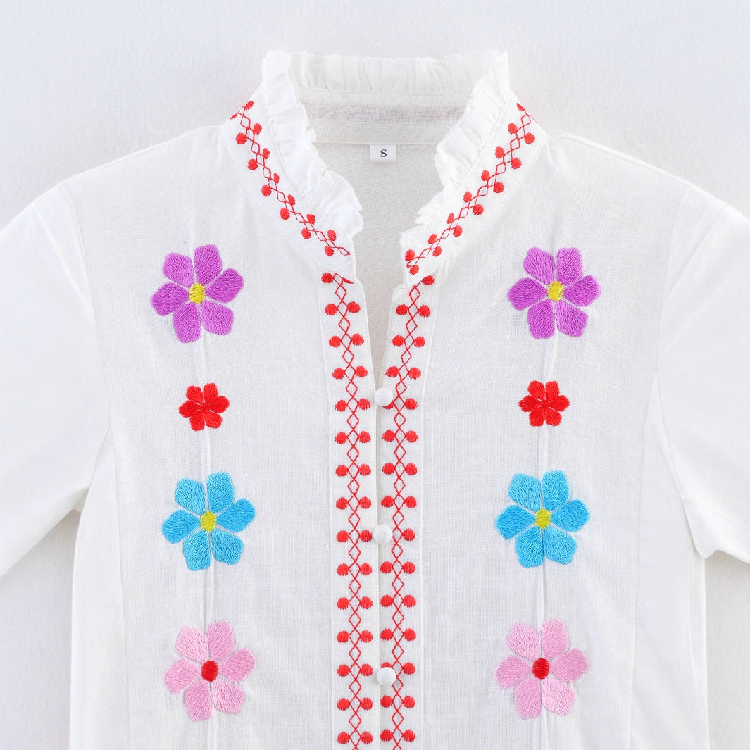 Damen Bluse mit bunten Stickereien und romantischem Rüschendesign R&B