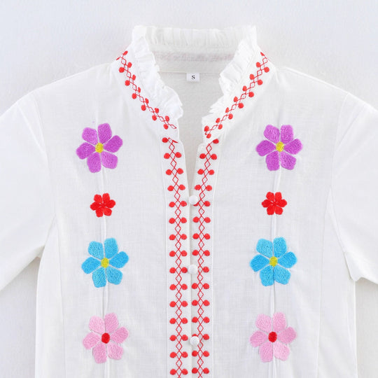 Damen Bluse mit bunten Stickereien und romantischem Rüschendesign R&B