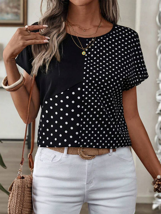 Damen Polka-Dots T-Shirt mit abgesetzten Schemata und modernem Schnitt Heidi-Mode