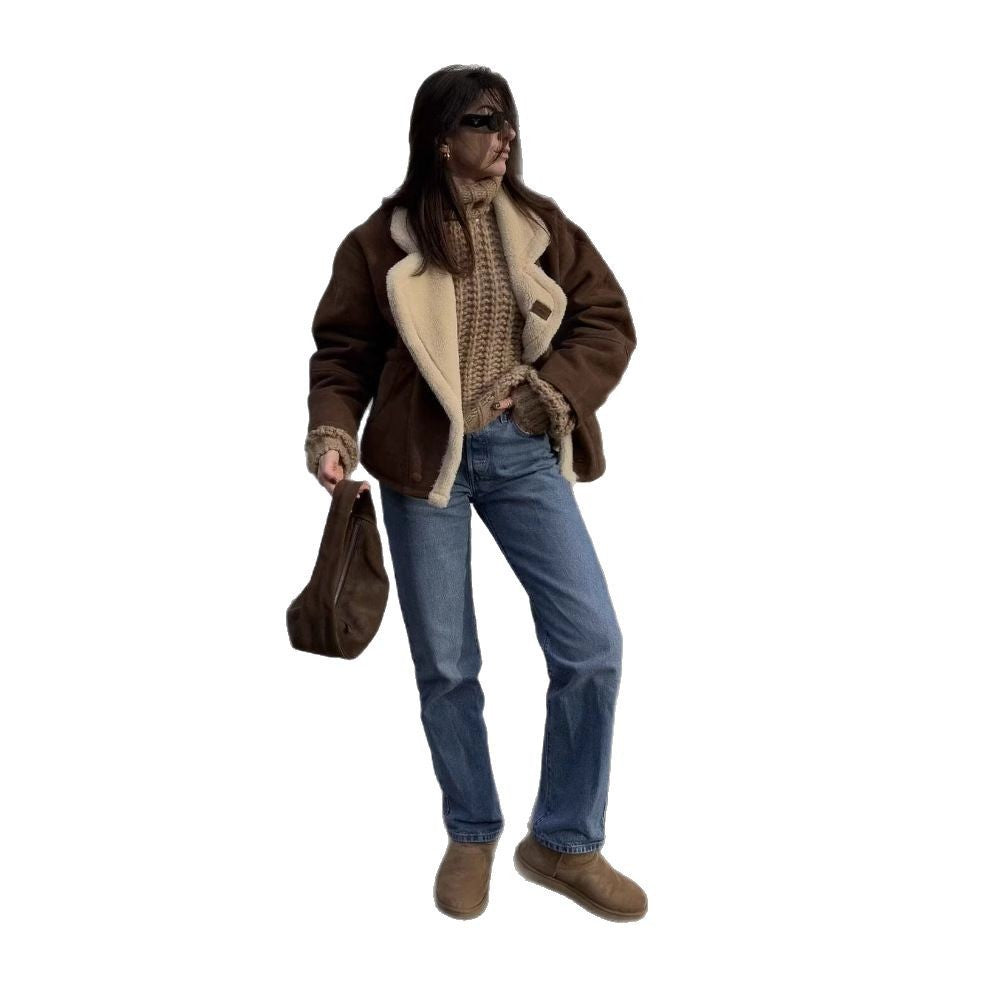 Damen kuschelige Wildlederjacke mit weichem Futter und breitem Kragen R&B