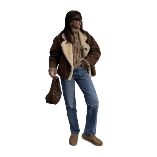 Damen kuschelige Wildlederjacke mit weichem Futter und breitem Kragen R&B