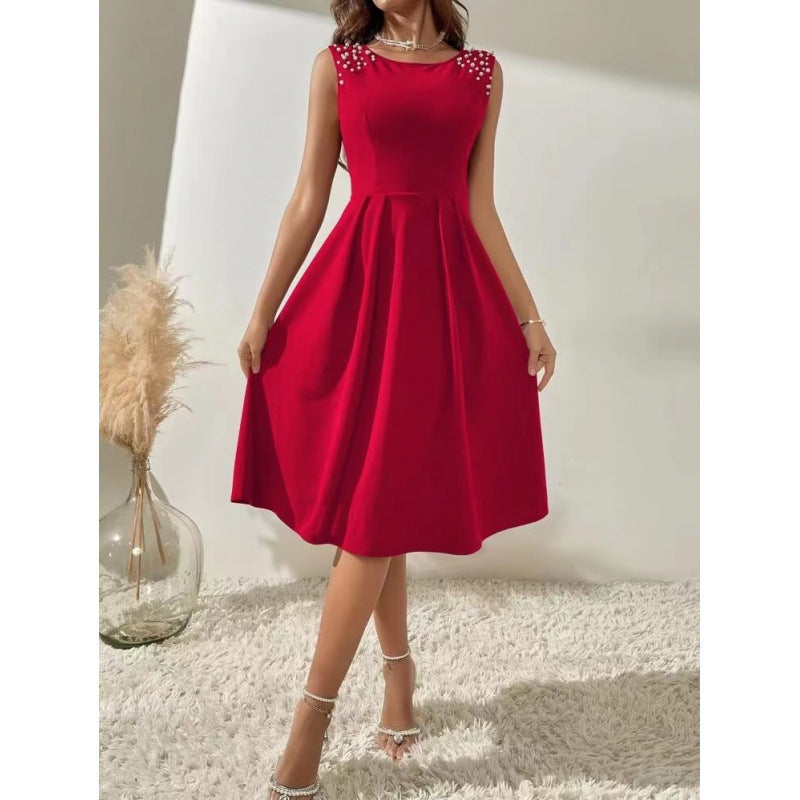 Damen Midi-Kleid mit dekorativen Perlenakzenten und schwingendem Rock R&B