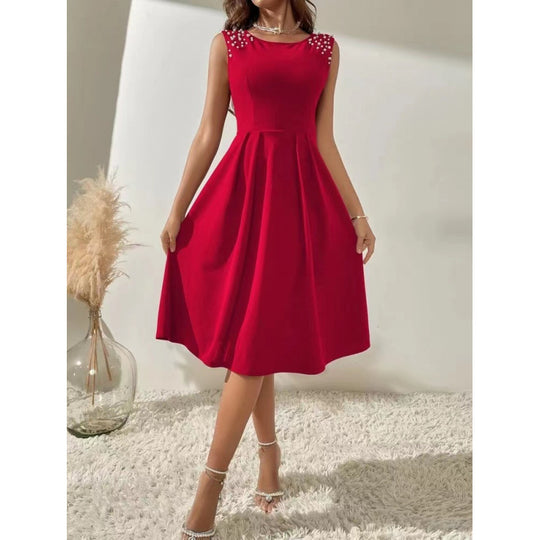 Damen Midi-Kleid mit dekorativen Perlenakzenten und schwingendem Rock R&B