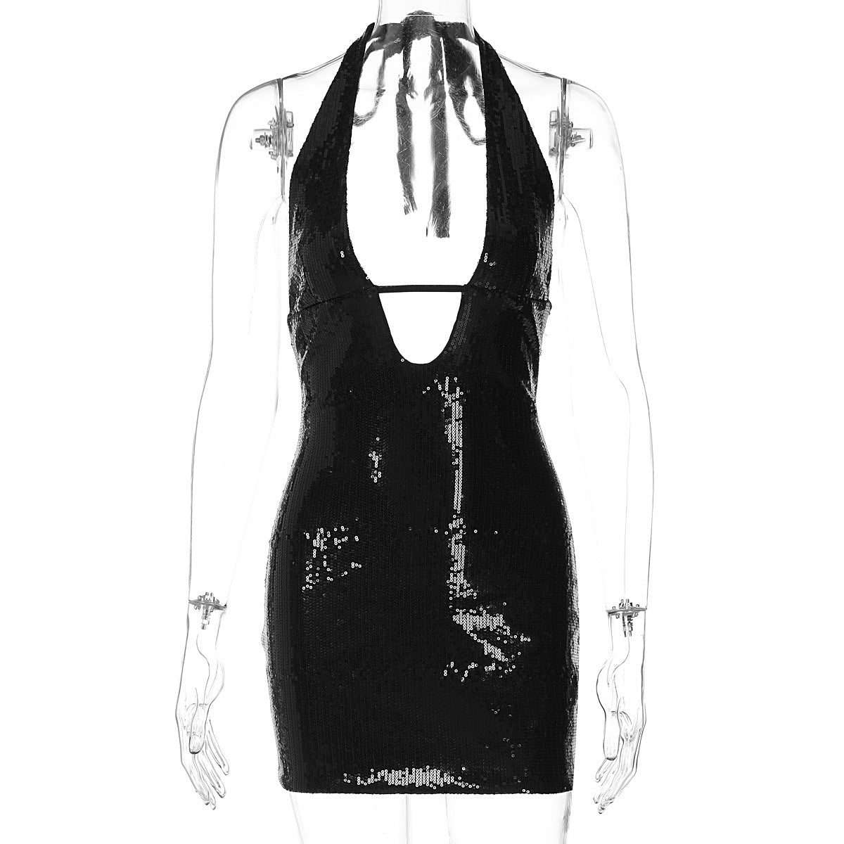 Damen Glitzerndes Minikleid mit tiefem Ausschnitt und Rückenausschnitt R&B