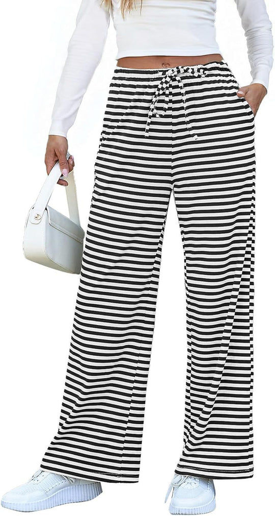 Damen weite Streifenhose mit elastischem Bund und Kordelzug R&B