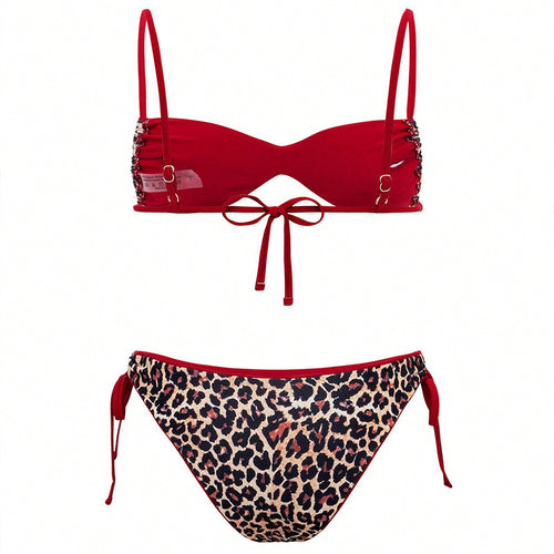 Damen Triangel-Bikini mit modischen Bindebändern und stylischem Leopardenmuster R&B