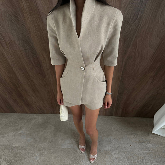 Damen elegante Blazerjacke mit hohen Kragen und praktischen Taschen R&B