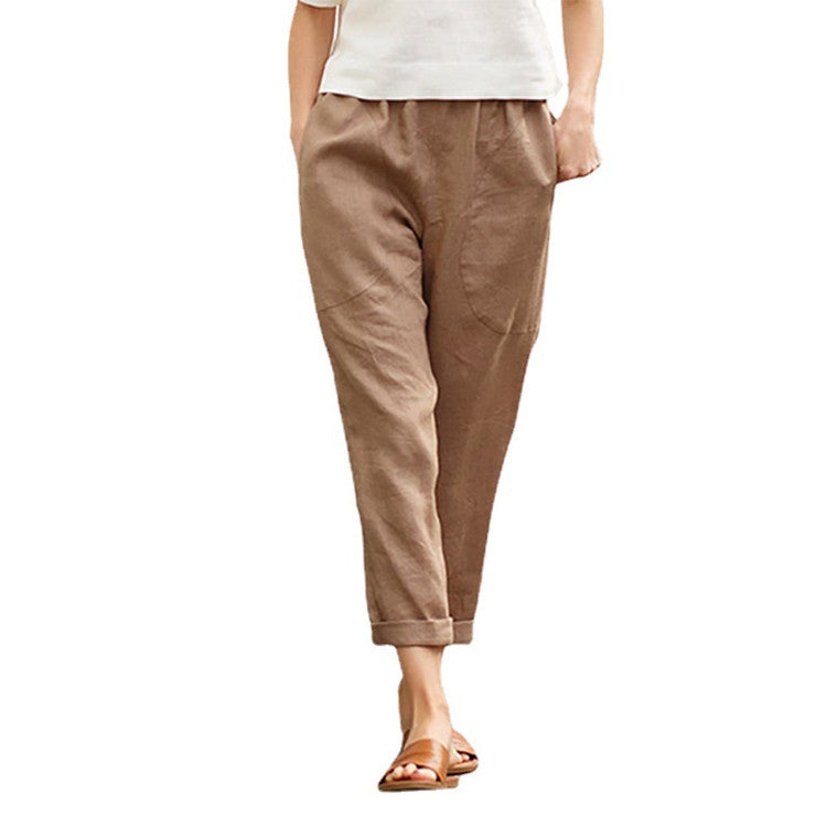 Damen nan leichte Leinenhose mit elastischem Bund, seitlichen Eingrifftaschen und gekrempeltem Saum R&B