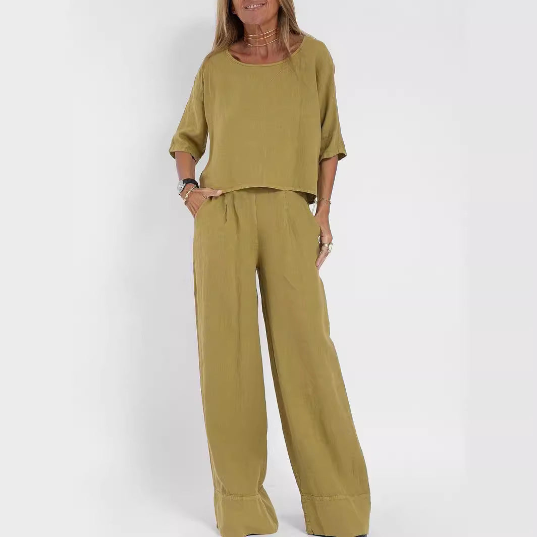 Damen lässiges Leinen-Set mit weitem Oberteil und palazzo Hosen R&B