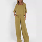 Damen lässiges Leinen-Set mit weitem Oberteil und palazzo Hosen