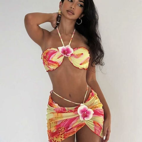 Damen Bikini-Set mit floralem Design und verspieltem Wickelrock R&B