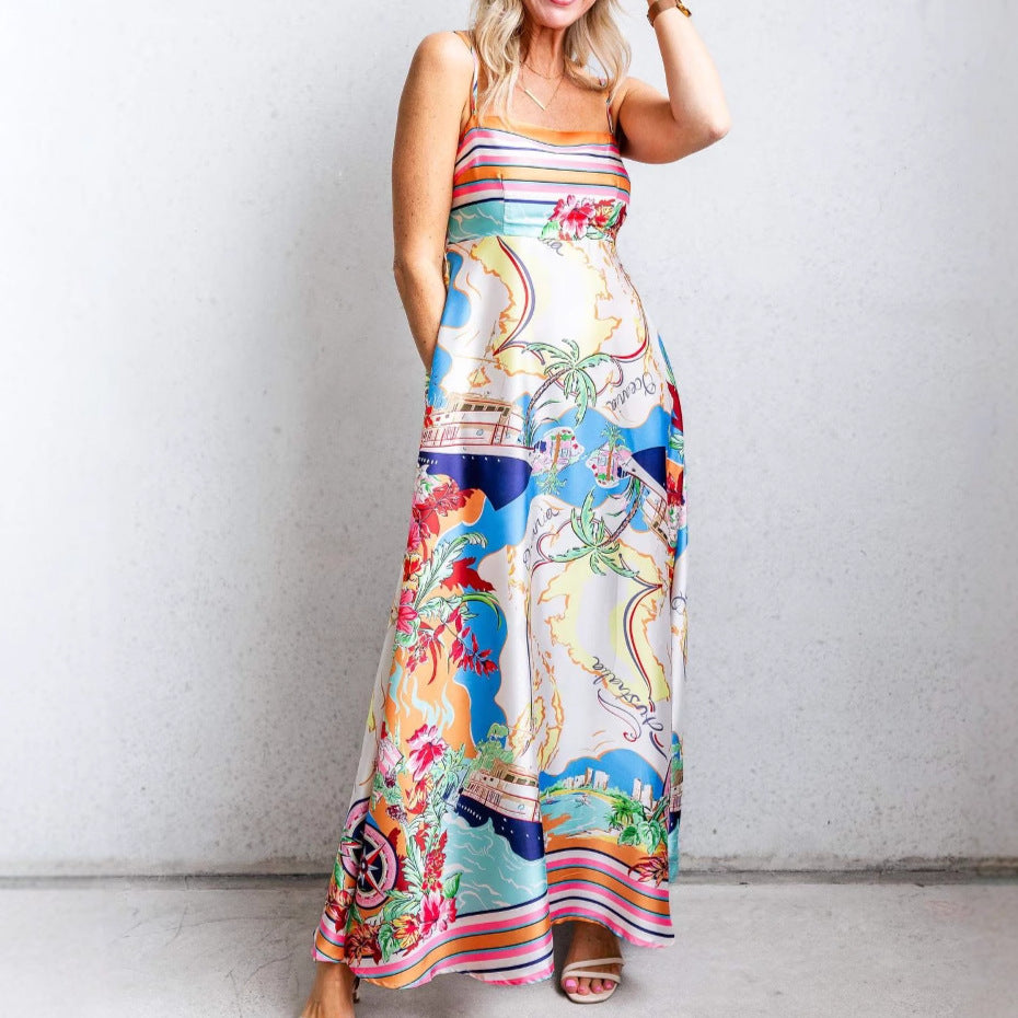 Damen Sommerliches Maxikleid mit auffälligem Grafikdesign und Spaghettiträgern R&B