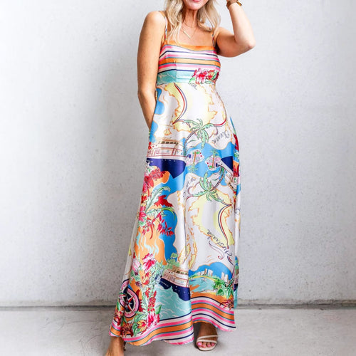 Damen Sommerliches Maxikleid mit auffälligem Grafikdesign und Spaghettiträgern R&B