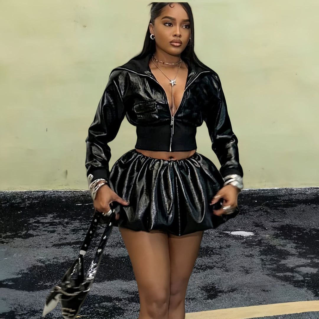 Damen Kurzjacke mit glänzendem Finish und elastischem Bund R&B