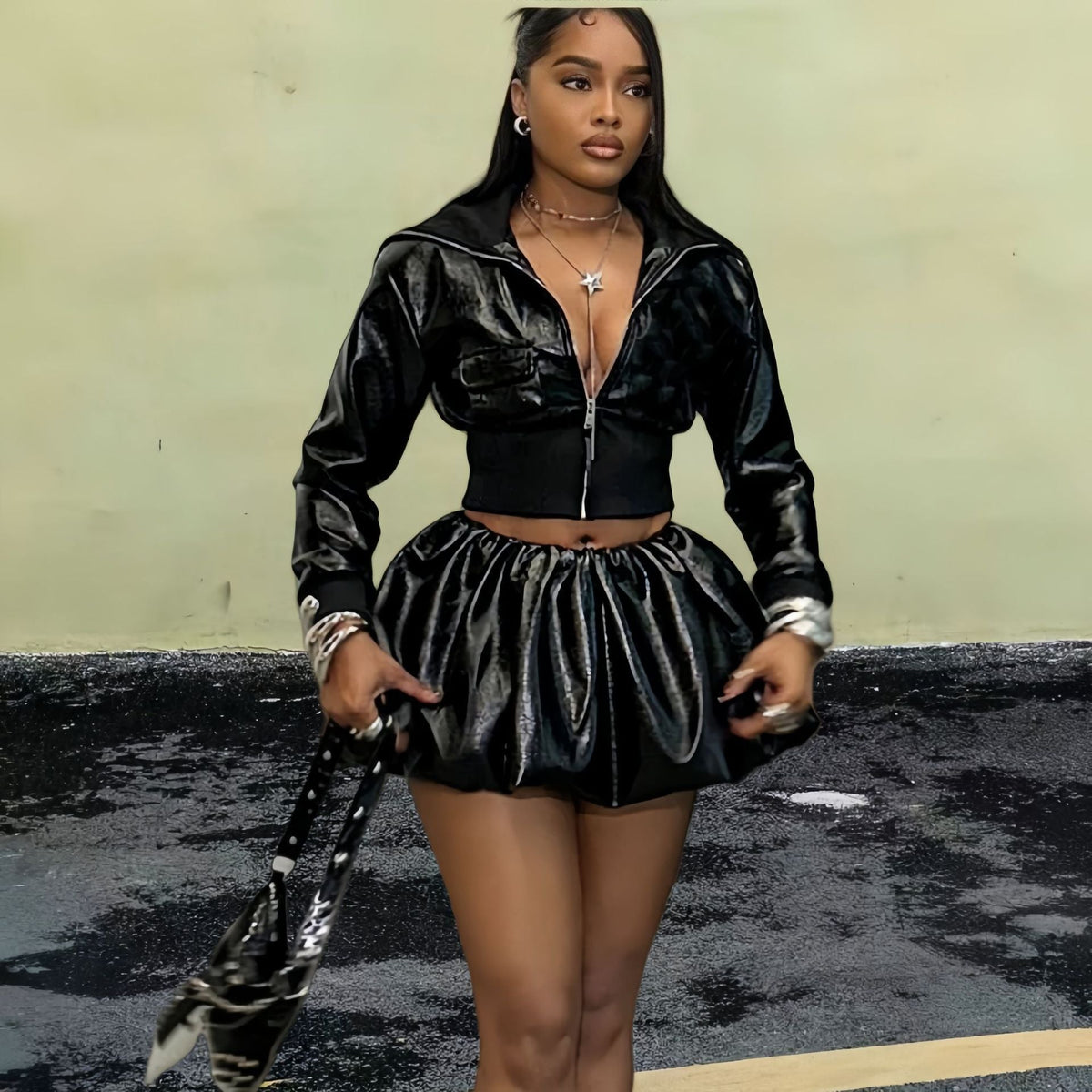 Damen Kurzjacke mit glänzendem Finish und elastischem Bund R&B
