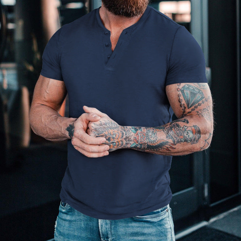 Herren Kurzarm-Henley-T-Shirt aus atmungsaktiver Baumwolle mit dekorativer Knopfleiste R&B