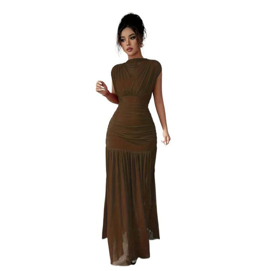 Damen Elegantes Maxikleid mit raffiniertem Drapée und transparentem Rock R&B