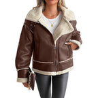 Damen stylische Kunstlederjacke mit Schaffellkragen R&B