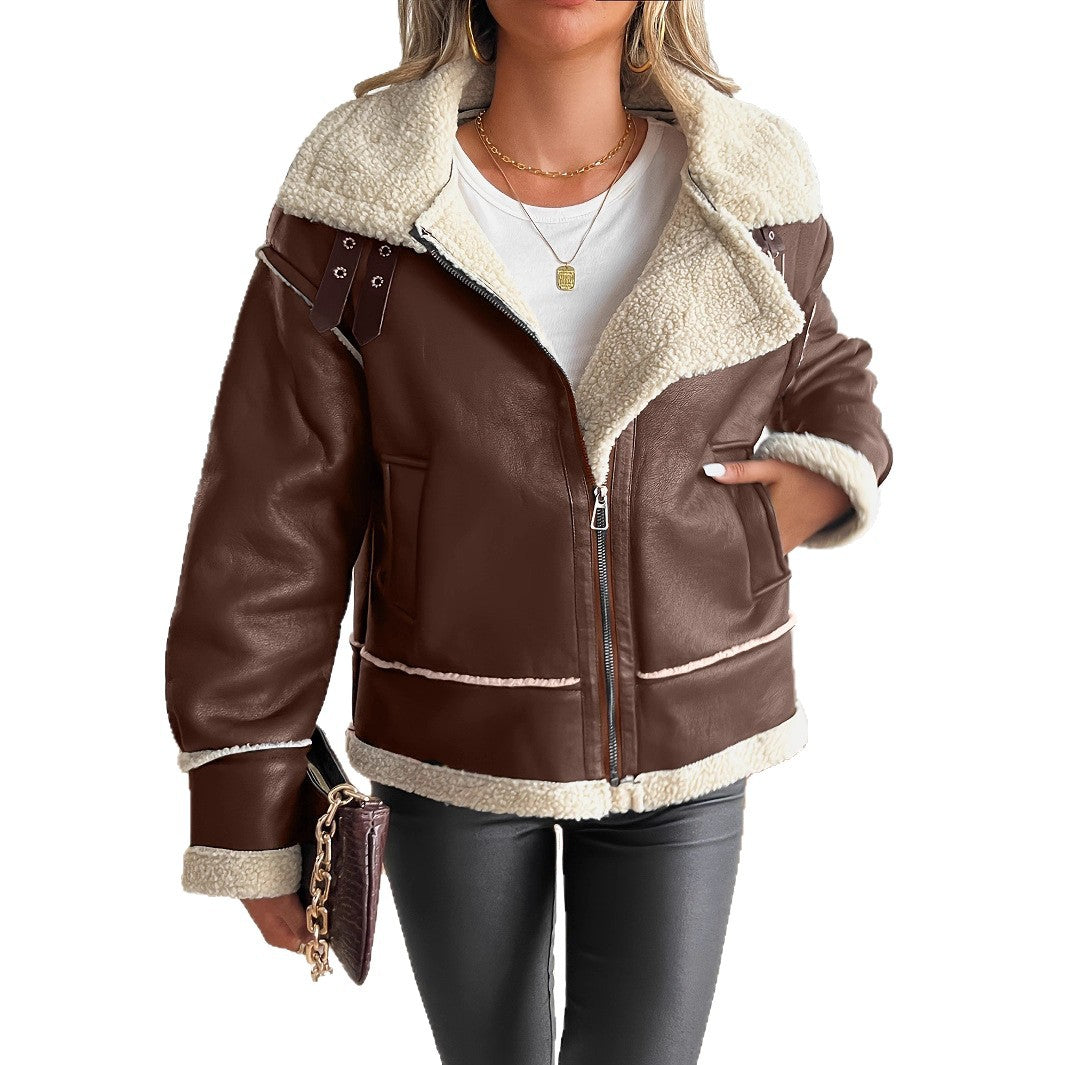 Damen stylische Kunstlederjacke mit Schaffellkragen R&B