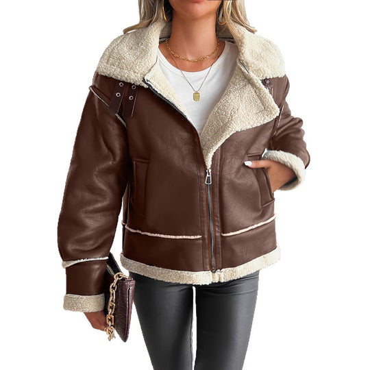 Damen stylische Kunstlederjacke mit Schaffellkragen R&B